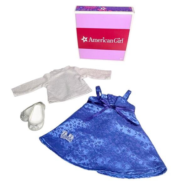 American Girl Sapphire Party Outfit Blue Dress Silver Shoes Sweater Hair Clips - Picture 11 of 11